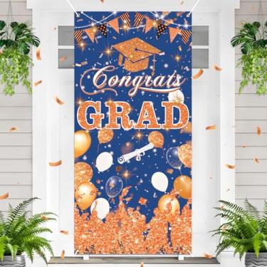 Imagem de Yoirrat Banner de decoração de porta de formatura azul laranja azul parabéns graduado faixa de capa de porta 2024 laranja azul formatura festa porta banner para classe de 2024 ensino médio festa de
