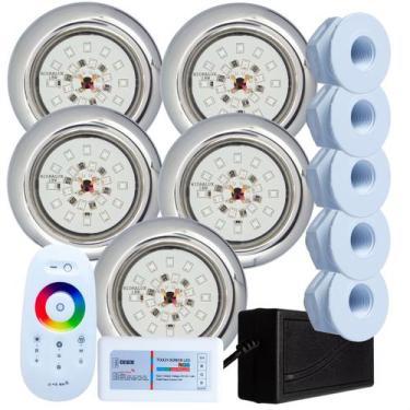 Imagem de Kit 5 Refletores Led 18w RGB Inox e Comando para Iluminação Piscina Fi