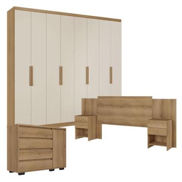 Imagem de Guarda Roupa Casal Milan 8 Portas Capuccino Off White Com Cômoda Com Porta Aurora E Cabeceira Formosa Capuccino - Thb