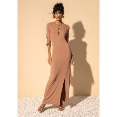 Imagem de Vestido Canelado Chá De Manga Curta Com Recortes E Enfeites-Feminino