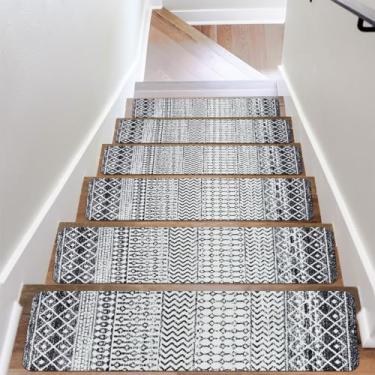 Imagem de Escada antiderrapante de 20 x 76 cm, tapete de escada com suporte de borracha preto e branco étnico lavável reutilizável degraus de escada para degraus de madeira, escada de segurança interna para