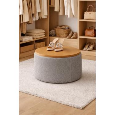 Imagem de Puff Decorativo Mesa Mesinha de Apoio Closet Sala Linho Premium Cinza com Tampo 45cmX38cm