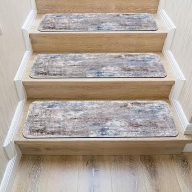 Imagem de Tapete de escada antiderrapante 20 x 76 cm abstrato cinza corredor de escada para degraus de madeira tapetes de escada de borracha laváveis reutilizáveis tapetes de escada segurança interna para