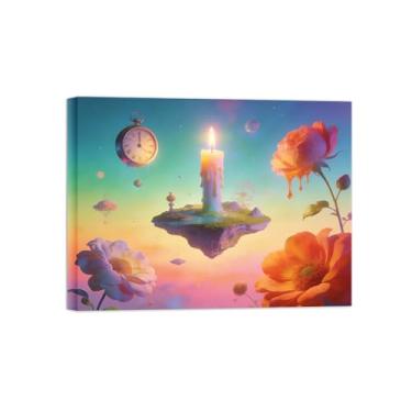 Imagem de BMZFYBS Impressão em tela de arte de parede surrealismo - velas de relógio de flores - pintura de decoração de paisagem - imagens para sala de estar pronta para pendurar tela embrulhada 70 x 90 cm 27