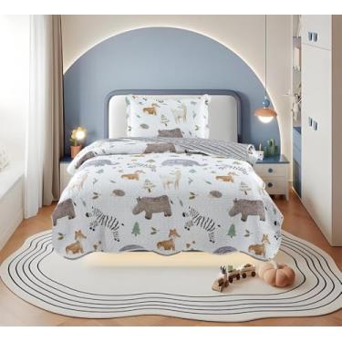 Imagem de Kit Colcha Infantil Cobre Leito 2 Peças, Matelassê Ultrassônico 160x240cm Personagens Divertidos Menina/Menino (SAFARI BRANCO)