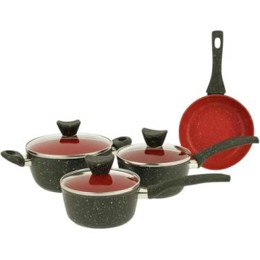 Imagem de Conjunto de Panelas Antiaderente com Tampa de Vidro – 4 Peças, Preto e Vermelho, Cozinha Prática e Moderna, Cabos Ergonômicos, Compatível Com Todos Tipos De Fogões