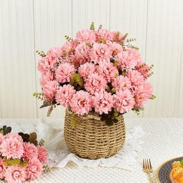 Imagem de XIANNVXI Flor rosa, crisântemo, bola artificial, 2 peças, 18 cabeças, flores artificiais, buquê de crisântemos de seda rosa com arranjos de hastes para decoração de casa, ambientes internos e externos