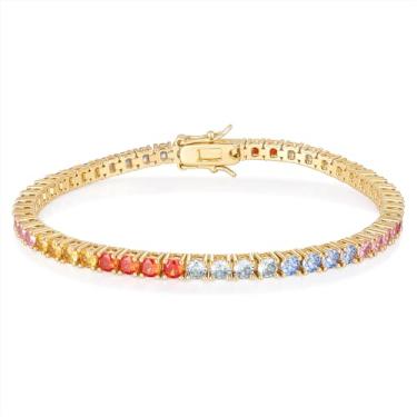 Imagem de GEMSME Pulseira de tênis feminina de 3,0 mm - pulseira de zircônia cúbica arco-íris, banhado a ouro branco 14 quilates, multicolorido, corte redondo, zircônia cúbica para presente de joias, 6.5 inch