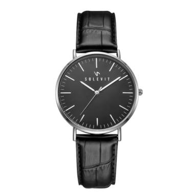 Imagem de Relógio Masculino Minimalista Clássico Solevit Legado Pulseira Couro Preta Caixa Prata 41mm Fundo Preto Analógico Quartzo com Ponteiro de Segundos