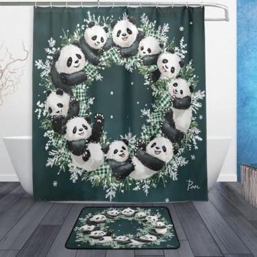 Imagem de xigua Lindo conjunto de tapetes de cortina de banho de guirlanda de Natal panda 2 peças, conjunto temático de banheiro (152 x 182 cm) com cortina de chuveiro e tapete antiderrapante -12 ganchos522