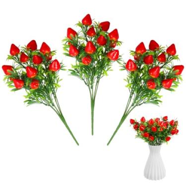 Imagem de HEALEEP 3 peças de decoração artificial de ramo de morango vermelho falso para festa em casa, casamento, decoração de arranjo floral festivo para centros de mesa e atmosfera