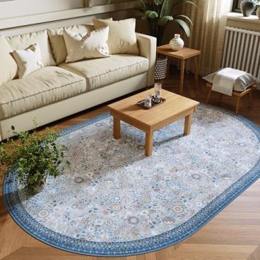 Imagem de Clemile Tapete oval floral 10 x 15 cm - Tapete antiderrapante vintage para sala de estar lavável - Tapete macio e resistente a manchas para cozinha, quarto, sala de jantar, berçário interno, azul