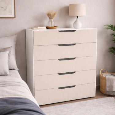 Imagem de Cômoda para Quarto 5 Gavetas 90cm Madri Creme/Branco
