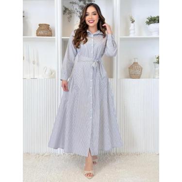 Imagem de Vestido Longo Listrado Soltinho Manga Longa Inverno de Festa Elegante 