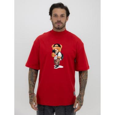 Imagem de Camiseta Camisa Oversized Gola Alta Estampa Teddy Urso Selfie Streetwear Algodão Premium Vermelho-Masculino