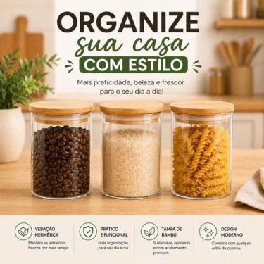 Imagem de Kit 3 Potes de Vidro Hermético 640ml com Tampa de Bambu  Ideal para Ma