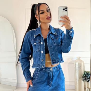 Imagem de Jaqueta Feminina Cropped Jeans Barra Desfiada Manga Longa com Botão Gola Colarinho Fech...