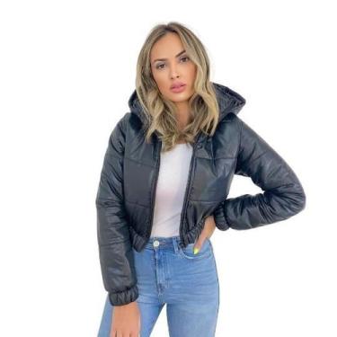 Imagem de Jaqueta Puffer Feminina Preta Com Capuz Curta - Charme de Moça, Preto,