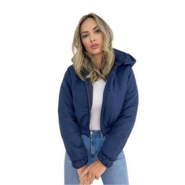 Imagem de Jaqueta Puffer Feminina Lisa Azul Marinho Com Capuz Curta - Charme de 