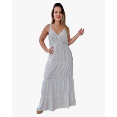 Imagem de Vestido Longo Indiano Alça Branco Bordado c/ Forro Cod.03 - Aleci Fash