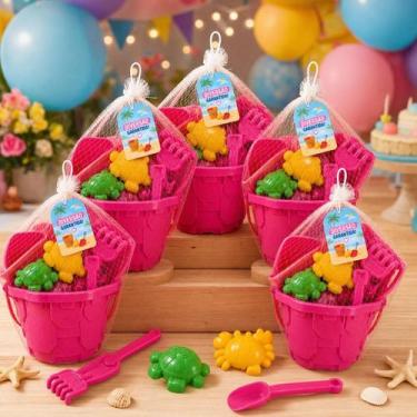 Imagem de Kit 5 Balde De Praia Infantil Castelo De Areia Kit Com 7 Peças Rosa - 