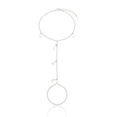 Imagem de PULSEIRA ANEL 20CM COM PINGENTE ESTRELA E LUA - Prata Banhado a Ródio 