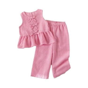Imagem de Conjunto De Verão Para Meninas Com Top Sem Mangas E Calças Em Listras 