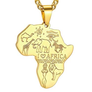 Imagem de GOLDCHIC JEWELRY Colar masculino com mapa da África, aço inoxidável, olho de Hórus, tribal africano/olho egípcio de Hórus/I LOVE AFRICA/Mapa de Elefante, unissex, com corrente ajustável de 55 cm + 5