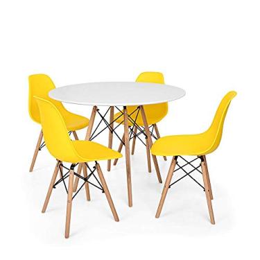 Imagem de Conjunto Mesa de Jantar Redonda Solo Branca 120cm com 4 Cadeiras Solo - Amarelo