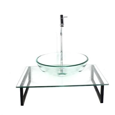 Imagem de KIT CUBA DE VIDRO REDONDA 10MM TAMPO 50CM INCOLOR COM SUPORTE TORNEIRA VALVULA