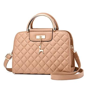 Imagem de Bolsa de mão feminina de couro acolchoado bolsa transversal com alça superior bolsa de ombro feminina com zíper, Caqui