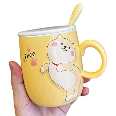 Imagem de Caneca de gato com tampa e colher 3D linda xícara de chá de café de cerâmica conjunto de caneca de casal presente de aniversário para professores, mães, amigas, amantes, (livre de filhotes shiba Inu, 400 ml)