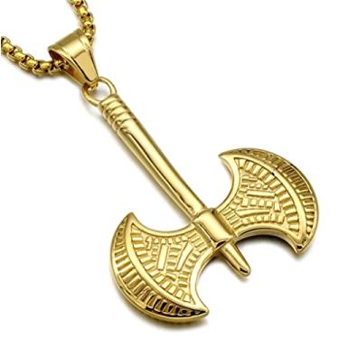 Imagem de Machado Viking Nórdico Ragnar Moto Xangô - Corrente com Pingente aço inox - Colar Unissex Adulto - Tema Viking - 60 cm - Dourado