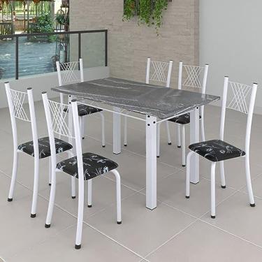 Imagem de Conjunto de Jantar Mesa 140x75cm Tampo de Granito Topázio com 6 Cadeiras Sara Preto Floral/Branco
