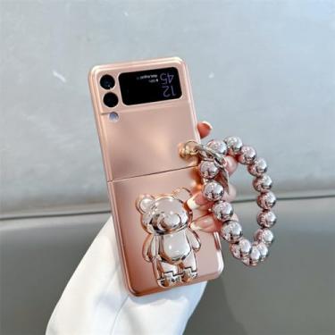Imagem de Capa de telefone com suporte de urso fofo prateado de luxo para Samsung Galaxy Z Flip 5 4 3 Z Flip4 Flip5 Flip3 5G Capa com capas de corrente, WT214,3,Para,Z Flip3
