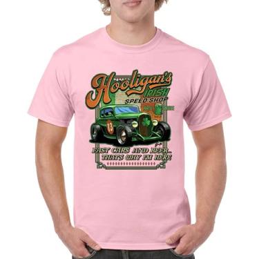 Imagem de Camiseta masculina Hooligan's Irish Speed Shop Dia de São Patrício Vintage Hot Rod Shamrock St Patty's Beer Festival, Rosa claro, M