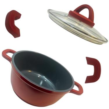 Imagem de Panela Caçarola De Aluminio E Revestimento Cerâmico Tacho com Tampa em Vidro e Pegador em Silicone (Vermelho, 1,1L | 16cm)