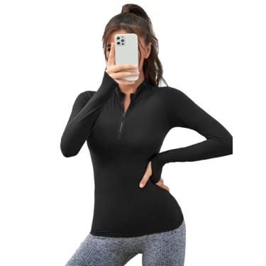 Imagem de Floerns Camisetas femininas de ioga com meio zíper e manga comprida para exercícios atléticos com orifício para polegar, Preto, PP