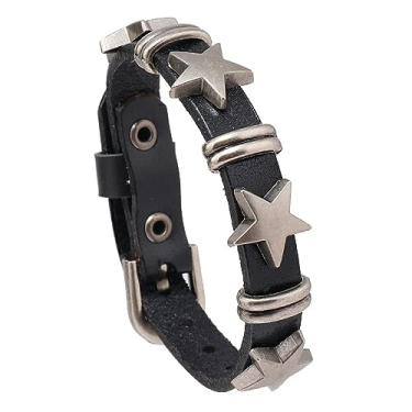 Imagem de Heavstjer Pulseira de liga punk rock cravejada de estrela com fivela de cinto, pulseira de couro, adjustable, liga metálica, Sem Pedra Preciosa