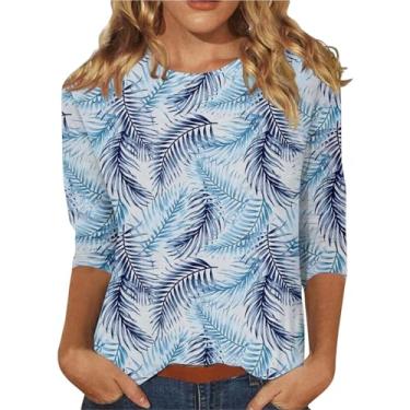 Imagem de Camisetas femininas gola redonda manga 3/4 comprimento blusas soltas túnica casual roupas de férias de verão, 2 bege, G