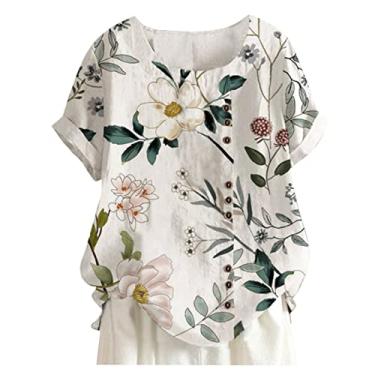 Imagem de Camiseta feminina de linho, floral, estampada, gola redonda, botões, solta, confortável, túnica, camisa de férias de verão, Branco, P