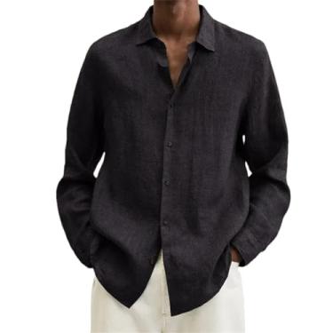 Imagem de Camisa masculina casual de linho de algodão lisa manga longa solta camiseta masculina primavera outono, Preto, G