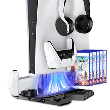 Imagem de TESSGO Suporte PS5 com ventilador de refrigeração e estação de carregamento sem fio DualSense, estação de resfriamento de baixo ruído para console Playstation 5 para disco/edição digital..