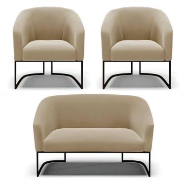 Imagem de Sofá Namoradeira E 2 Poltronas Base Industrial Preto Stella Suede D03 - D`rossi Cor Marrom Rato