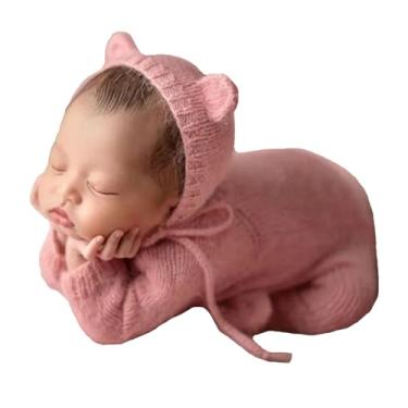 Imagem de Ederafoto 2 peças de adereços para fotografia de recém-nascidos, roupas de posar para fotos de bebê, sessões de fotos, meninas, gorro de urso de crochê, rosa, suit for 0-1 month babies