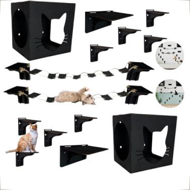 Imagem de Kit Playground Para Gato Desmontado Em Mdf Pintado de Preto 14 Pçs Fixo De Parede