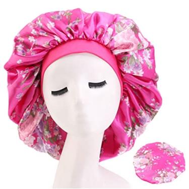 Imagem de Touca de cetim com aba larga elástica para dormir, touca de quimioterapia, salão de beleza, touca para cuidados com os cabelos, rosa, vermelha, flor grande