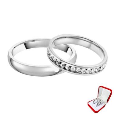 Imagem de Par Alianças e Anel Prata 3mm Pedras Brancas Cravejada Zircônia Namoro