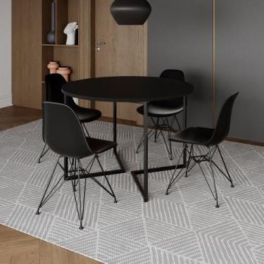 Imagem de Mesa Industrial Jantar Redonda Preta 110cm Base V com 4 Cadeiras Eames