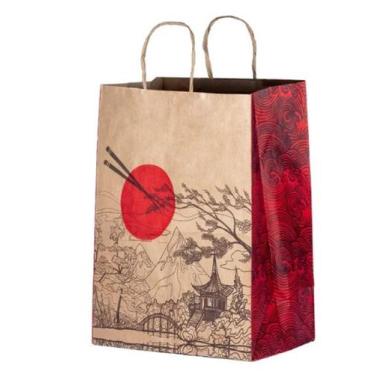 Imagem de Sacola De Papel Kraft Pardo com Desenho Oriental - Tamanho  M 24x34x14
